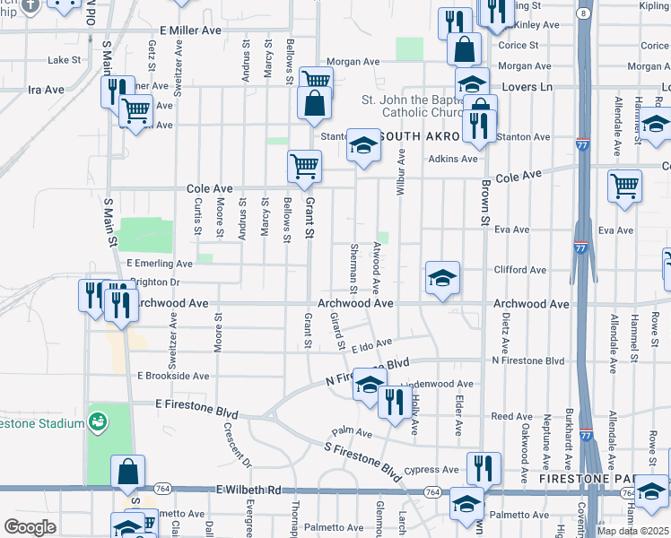 map of restaurants, bars, coffee shops, grocery stores, and more near 1307 Girard Street in Akron