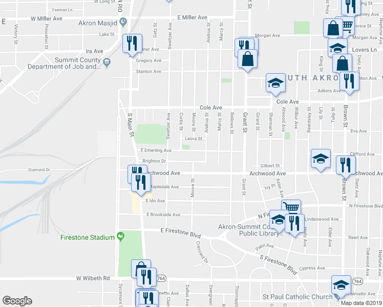 map of restaurants, bars, coffee shops, grocery stores, and more near 111 Brighton Drive in Akron