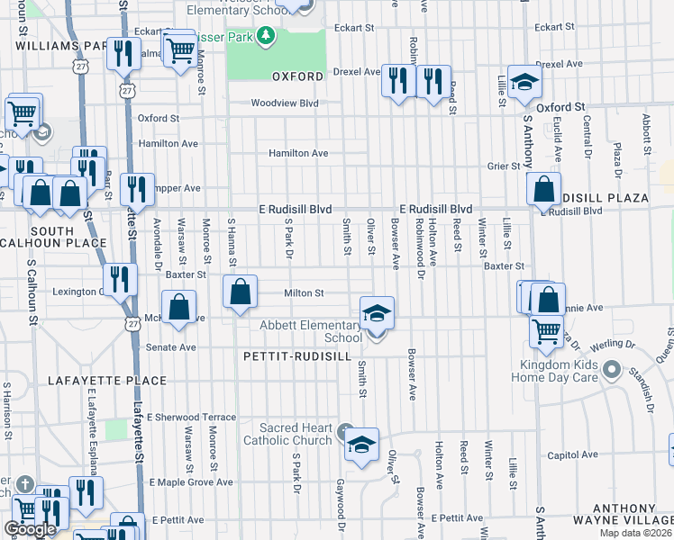 map of restaurants, bars, coffee shops, grocery stores, and more near 4121 Smith Street in Fort Wayne