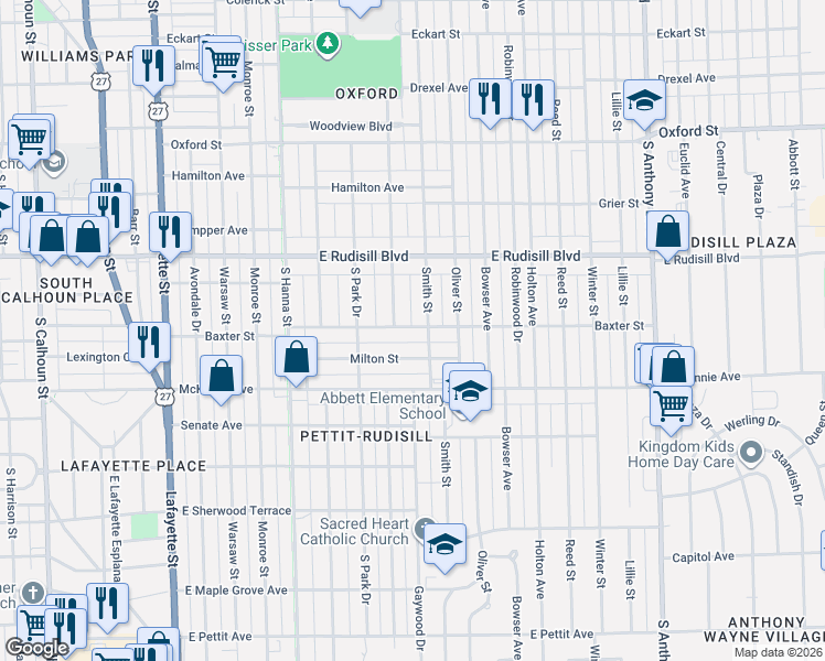 map of restaurants, bars, coffee shops, grocery stores, and more near 929 Milton Street in Fort Wayne