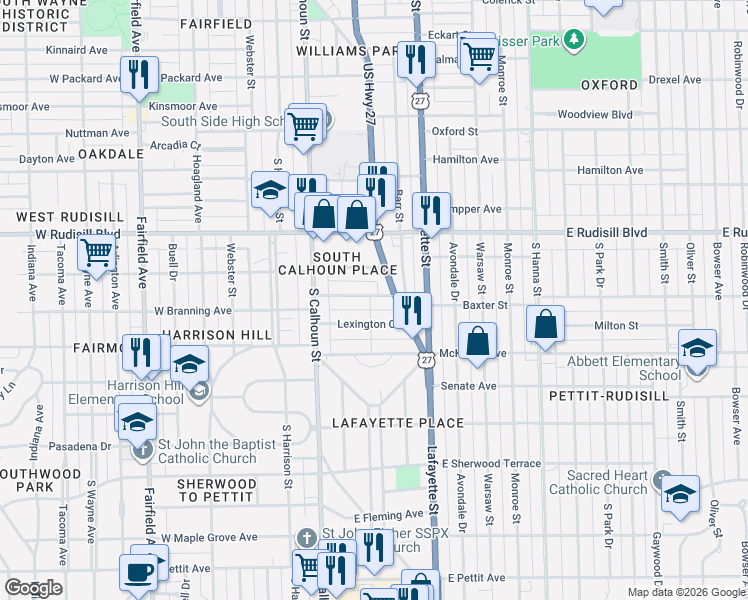 map of restaurants, bars, coffee shops, grocery stores, and more near 4114 South Clinton Street in Fort Wayne