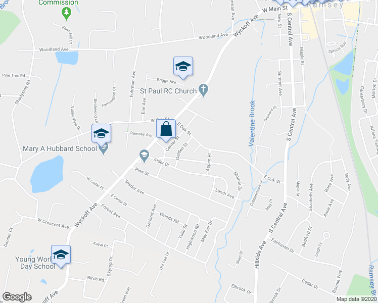 map of restaurants, bars, coffee shops, grocery stores, and more near 21 Park Place in Ramsey