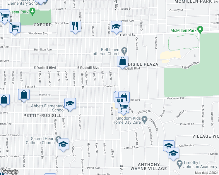 map of restaurants, bars, coffee shops, grocery stores, and more near 4102 Lillie Street in Fort Wayne