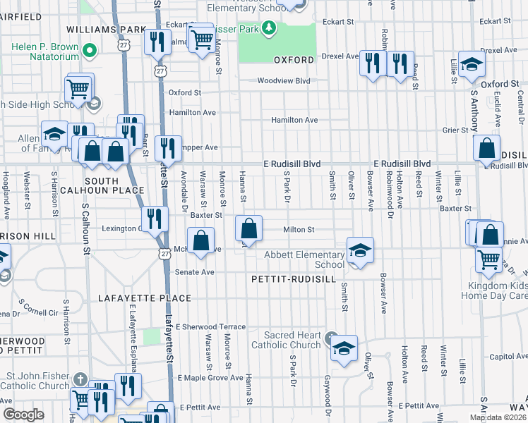 map of restaurants, bars, coffee shops, grocery stores, and more near 727 Milton Street in Fort Wayne