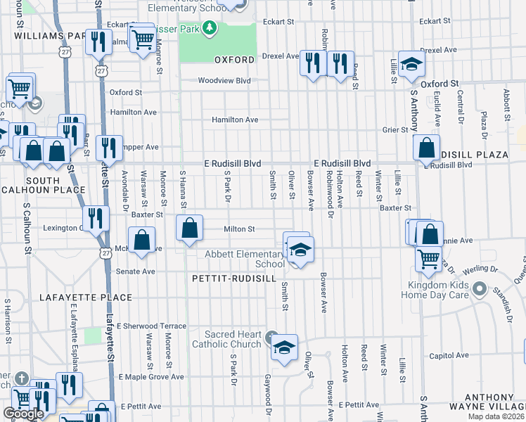 map of restaurants, bars, coffee shops, grocery stores, and more near 929 Milton Street in Fort Wayne