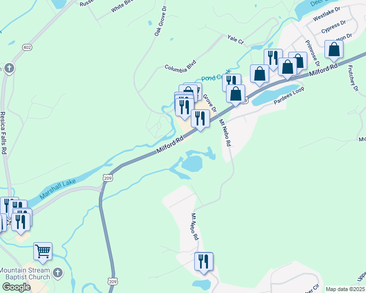 map of restaurants, bars, coffee shops, grocery stores, and more near 4496 Milford Road in East Stroudsburg
