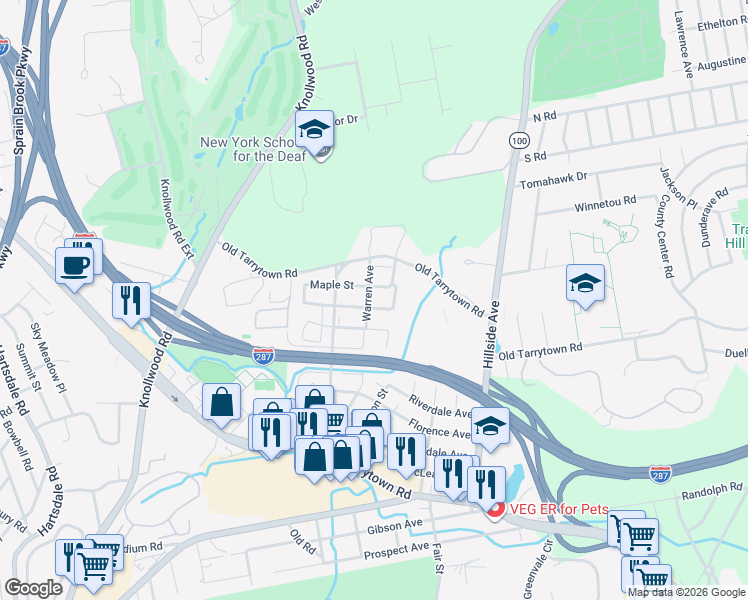 map of restaurants, bars, coffee shops, grocery stores, and more near 27 Beech Street in White Plains