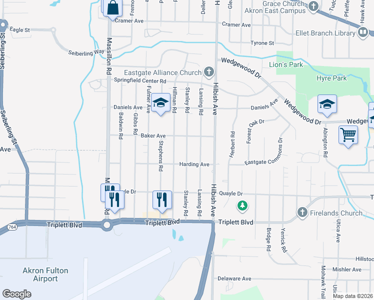 map of restaurants, bars, coffee shops, grocery stores, and more near Stanley Road in Akron