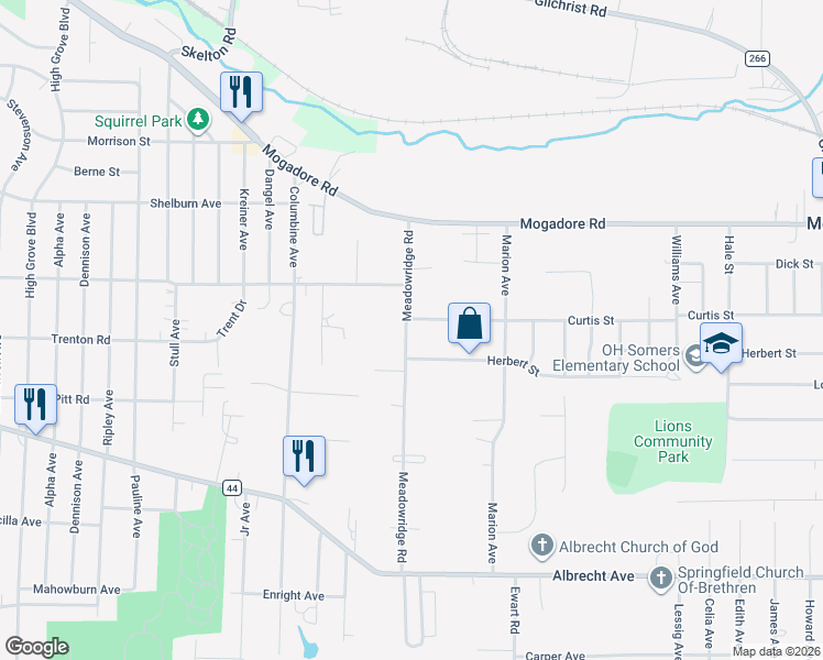 map of restaurants, bars, coffee shops, grocery stores, and more near 105 Meadowridge Road in Mogadore
