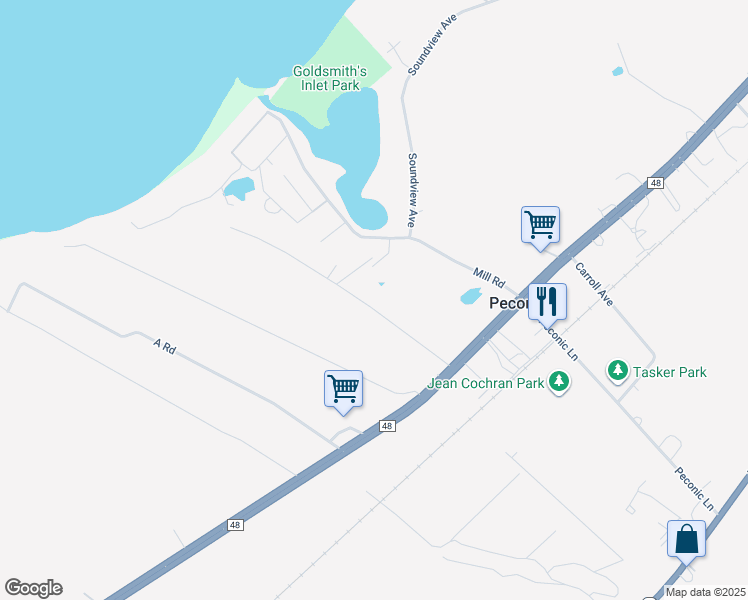 map of restaurants, bars, coffee shops, grocery stores, and more near 1170 Henrys Lane in Peconic