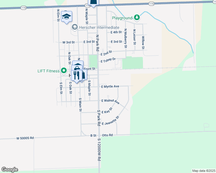 map of restaurants, bars, coffee shops, grocery stores, and more near 344 East Myrtle Avenue in Herscher