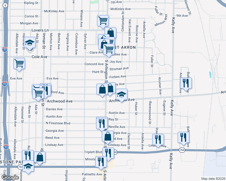map of restaurants, bars, coffee shops, grocery stores, and more near in Akron