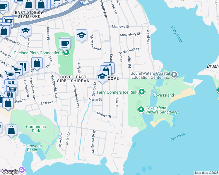map of restaurants, bars, coffee shops, grocery stores, and more near 33 Dean Street in Stamford
