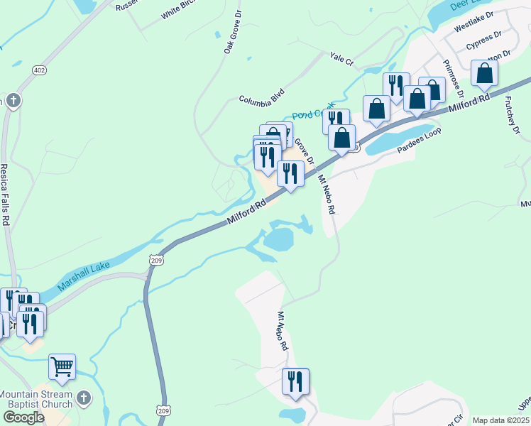 map of restaurants, bars, coffee shops, grocery stores, and more near 4496 Milford Road in East Stroudsburg