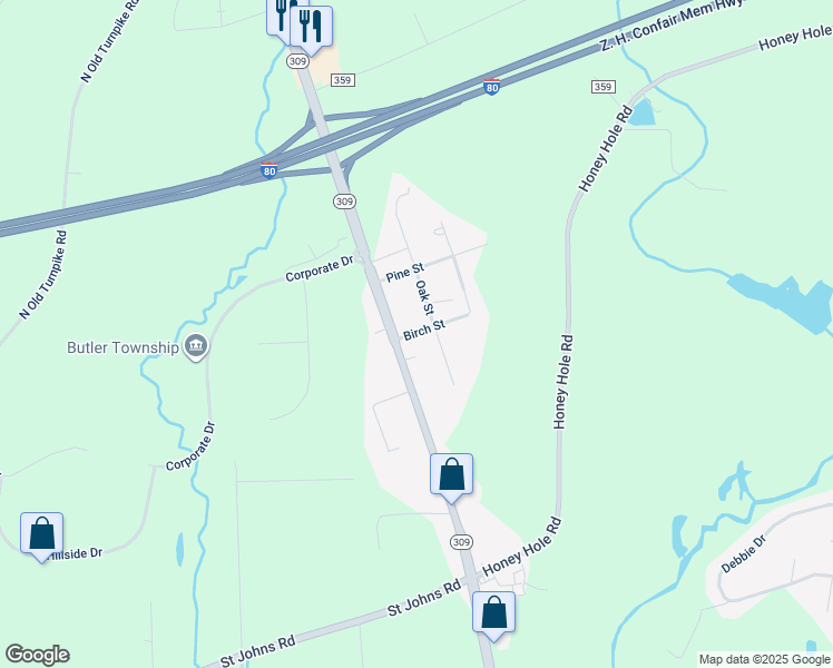 map of restaurants, bars, coffee shops, grocery stores, and more near 423 N Hunter Hwy in Luzerne