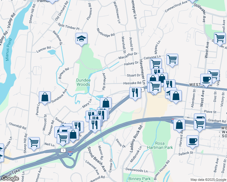 map of restaurants, bars, coffee shops, grocery stores, and more near 19 Old Kings Highway in Greenwich