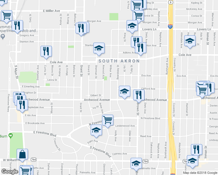 map of restaurants, bars, coffee shops, grocery stores, and more near 1278 Wilbur Avenue in Akron