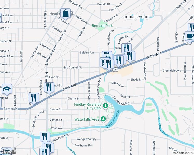 map of restaurants, bars, coffee shops, grocery stores, and more near 1001 U.S. 224 in Findlay