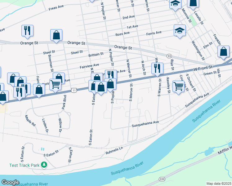 map of restaurants, bars, coffee shops, grocery stores, and more near 1508 West Front Street in Berwick