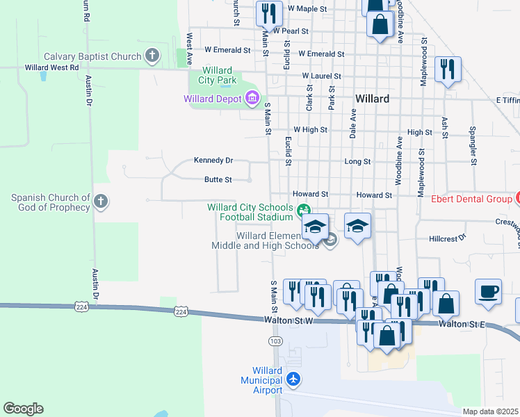 map of restaurants, bars, coffee shops, grocery stores, and more near 504 Cottonwood Drive in Willard