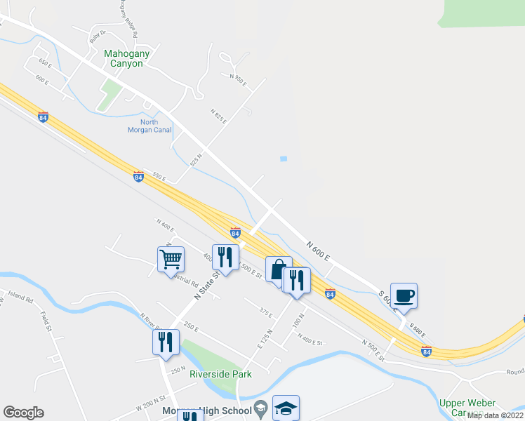 map of restaurants, bars, coffee shops, grocery stores, and more near 641 East 300 North in Morgan