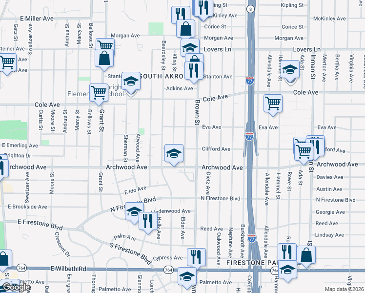 map of restaurants, bars, coffee shops, grocery stores, and more near 1244 Tulip Street in Akron
