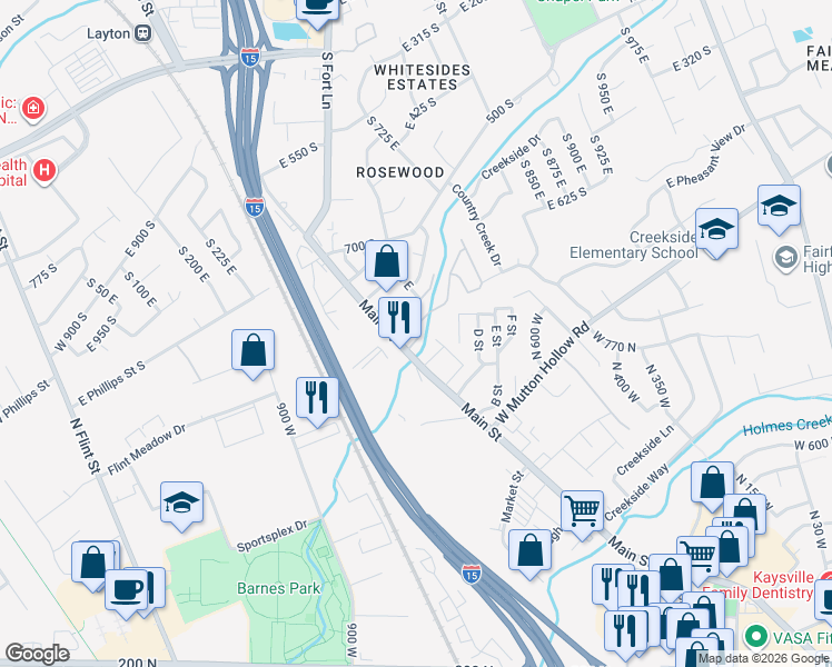 map of restaurants, bars, coffee shops, grocery stores, and more near 891 South Main Street in Layton