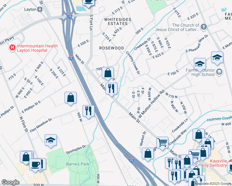 map of restaurants, bars, coffee shops, grocery stores, and more near 623 East Clearwater Drive North in Layton
