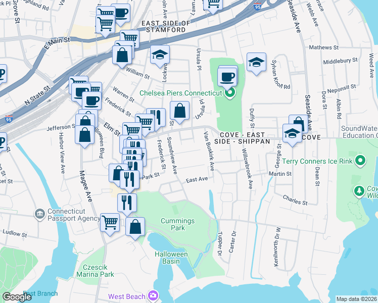 map of restaurants, bars, coffee shops, grocery stores, and more near 24 Limerick Street in Stamford