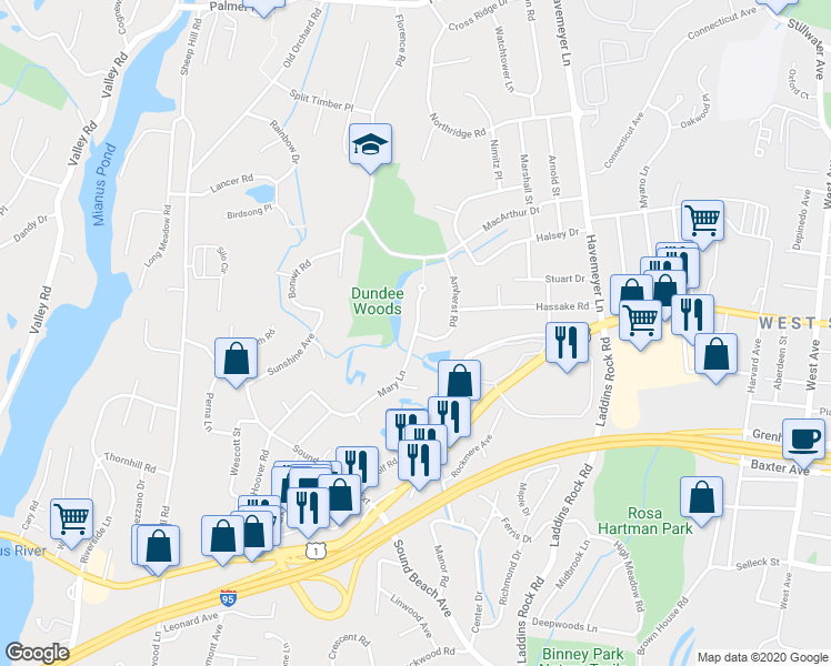 map of restaurants, bars, coffee shops, grocery stores, and more near 1 Amherst Road in Greenwich