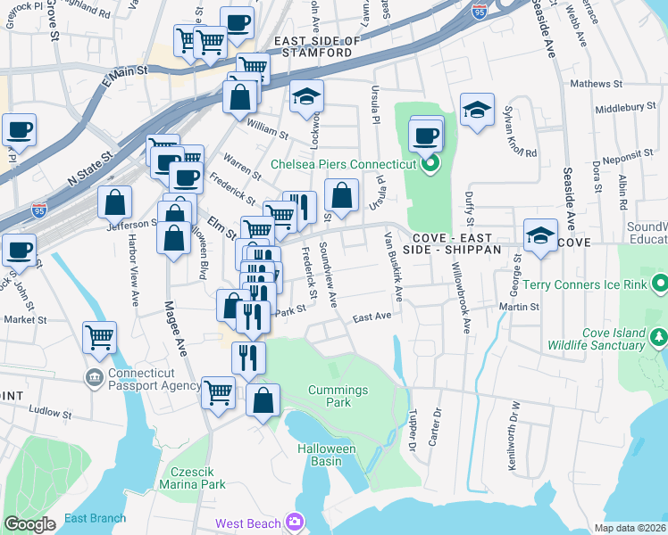 map of restaurants, bars, coffee shops, grocery stores, and more near 51 Soundview Avenue in Stamford