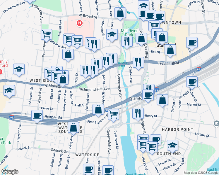 map of restaurants, bars, coffee shops, grocery stores, and more near 13 Mission Street in Stamford