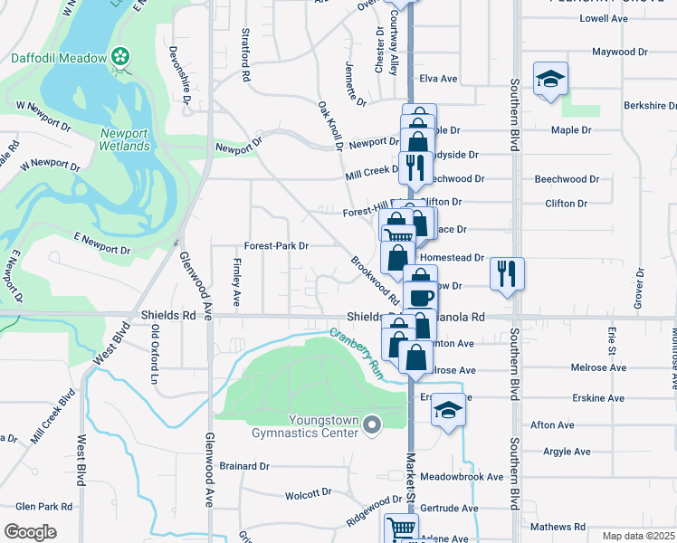 map of restaurants, bars, coffee shops, grocery stores, and more near 51 Lemans Drive in Youngstown