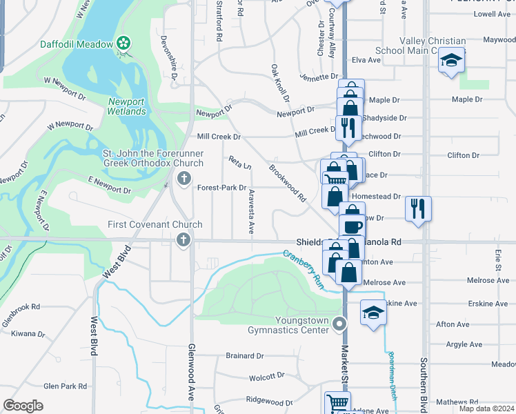 map of restaurants, bars, coffee shops, grocery stores, and more near 5034 Aravesta Avenue in Youngstown