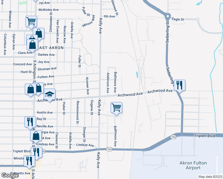 map of restaurants, bars, coffee shops, grocery stores, and more near 1305 East Archwood Avenue in Akron