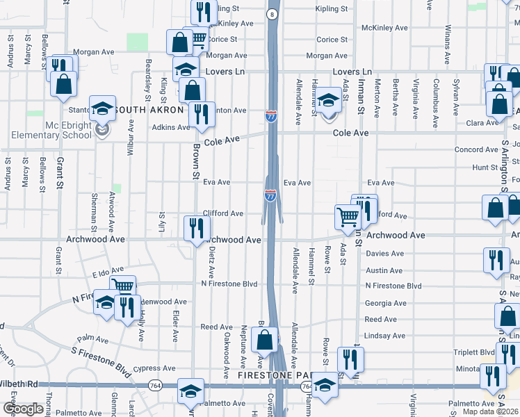 map of restaurants, bars, coffee shops, grocery stores, and more near 1228 Burkhardt Avenue in Akron