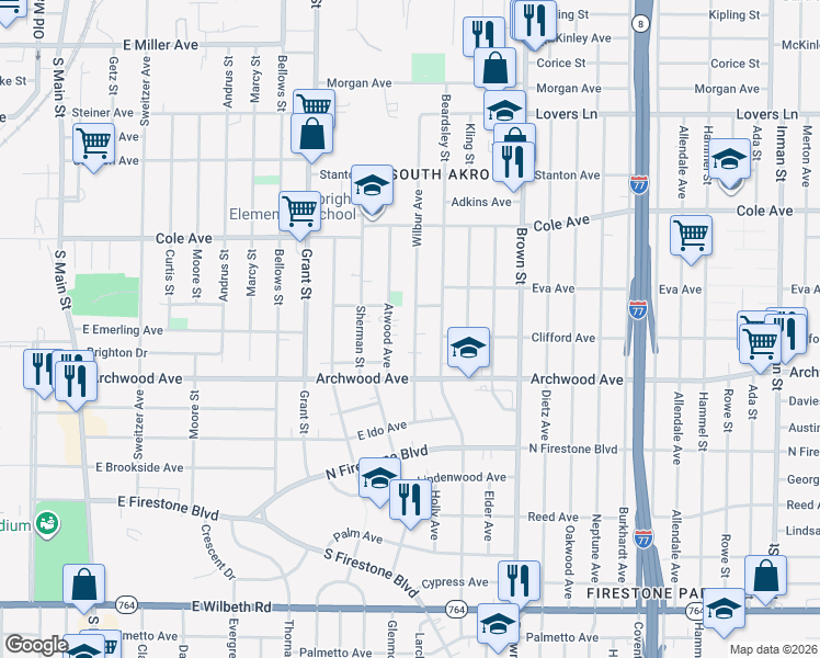 map of restaurants, bars, coffee shops, grocery stores, and more near 1274 Wilbur Avenue in Akron