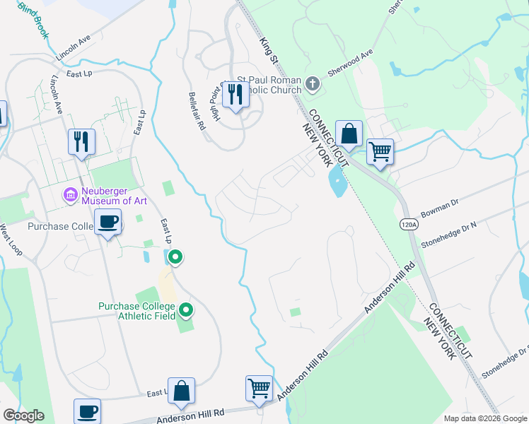 map of restaurants, bars, coffee shops, grocery stores, and more near 1100 King Street in Rye Brook