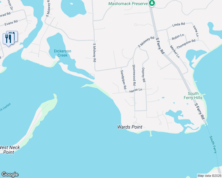 map of restaurants, bars, coffee shops, grocery stores, and more near 14A Heron Lane in Shelter Island