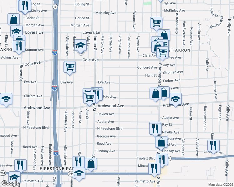 map of restaurants, bars, coffee shops, grocery stores, and more near 920 Virginia Avenue in Akron