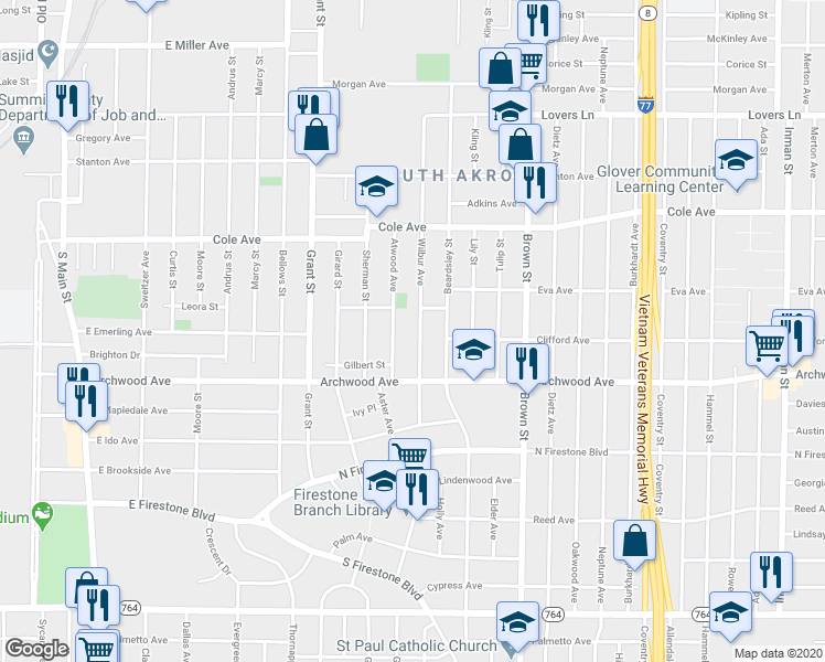 map of restaurants, bars, coffee shops, grocery stores, and more near 1274 Wilbur Avenue in Akron
