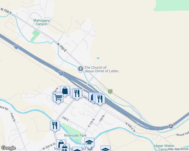 map of restaurants, bars, coffee shops, grocery stores, and more near 641 East 300 North in Morgan