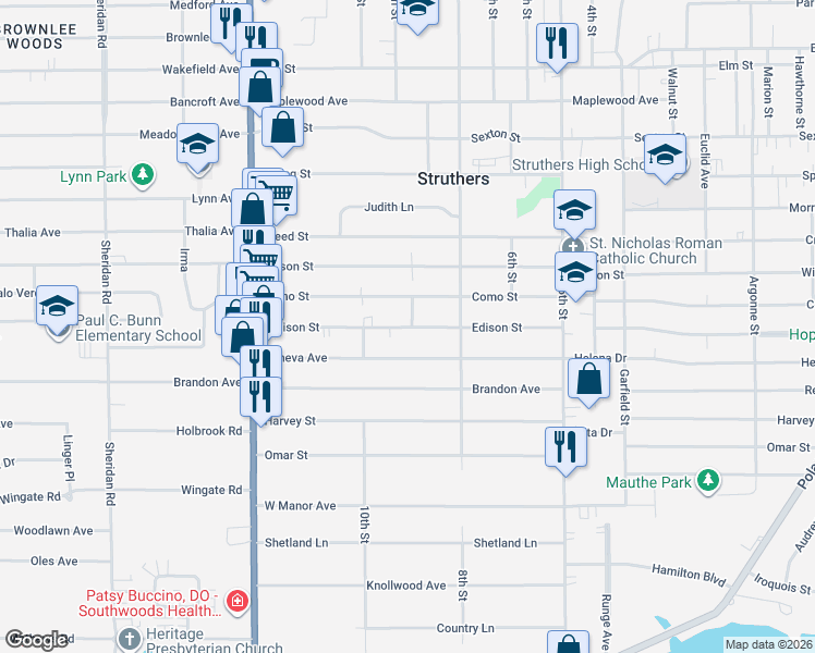 map of restaurants, bars, coffee shops, grocery stores, and more near 507 Geneva Avenue in Struthers