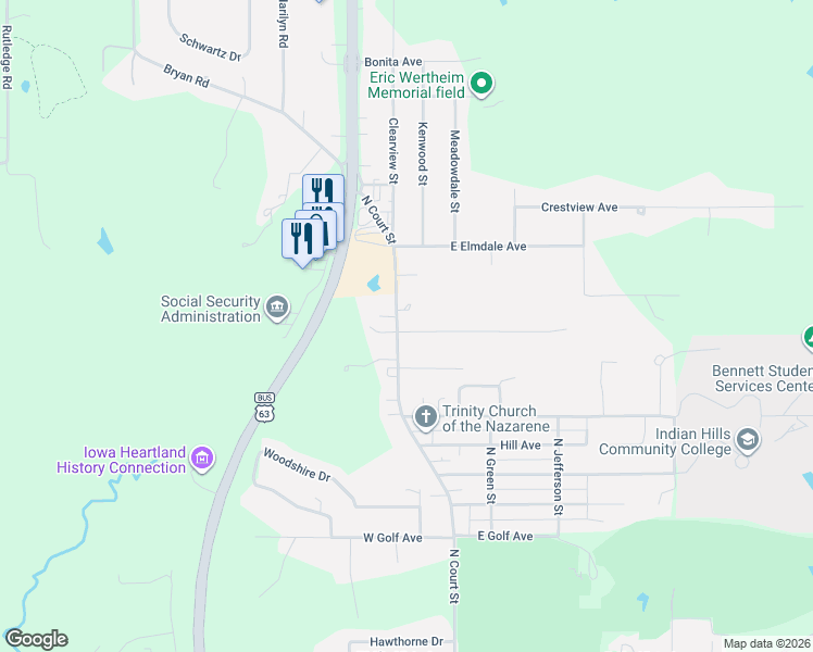 map of restaurants, bars, coffee shops, grocery stores, and more near 132 Northview Street in Ottumwa