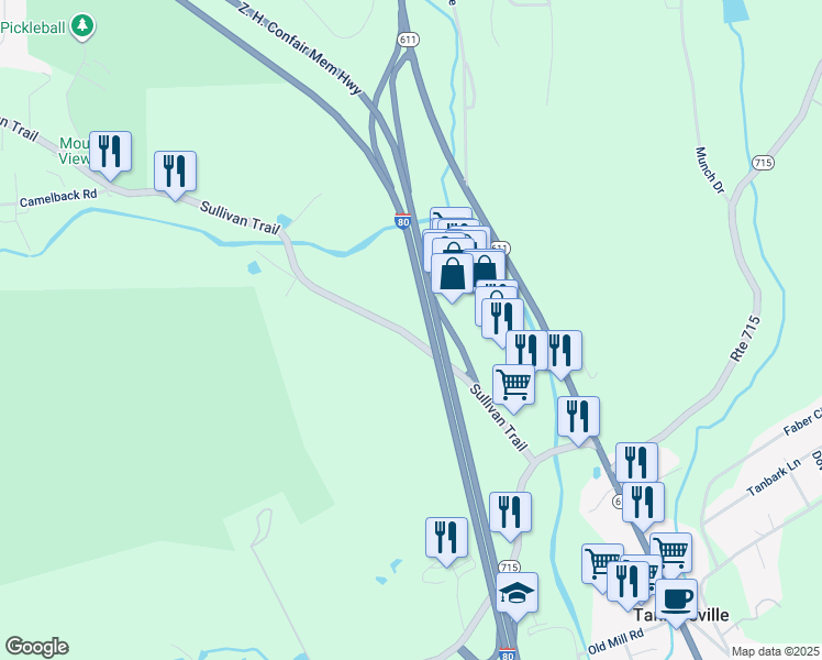 map of restaurants, bars, coffee shops, grocery stores, and more near 1937 Sullivan Trail in Tannersville