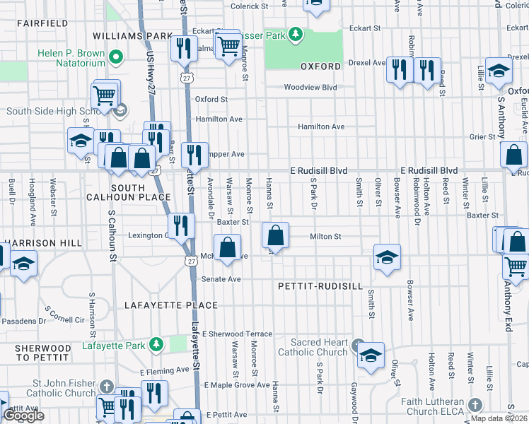 map of restaurants, bars, coffee shops, grocery stores, and more near 4038 Hanna Street in Fort Wayne