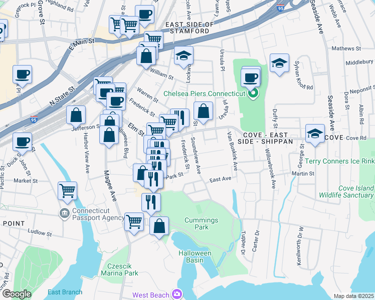 map of restaurants, bars, coffee shops, grocery stores, and more near 156 Frederick Street in Stamford