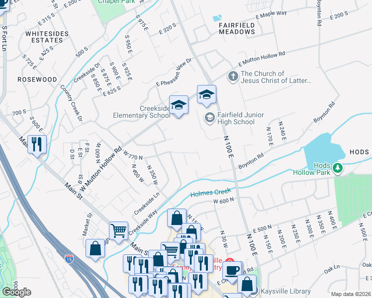 map of restaurants, bars, coffee shops, grocery stores, and more near 748 North Champion Lane in Kaysville