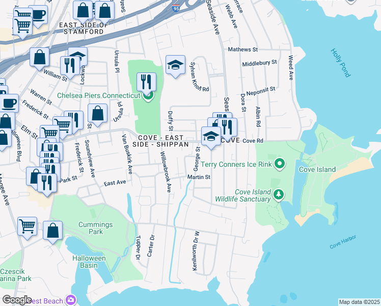 map of restaurants, bars, coffee shops, grocery stores, and more near 37 George Street in Stamford