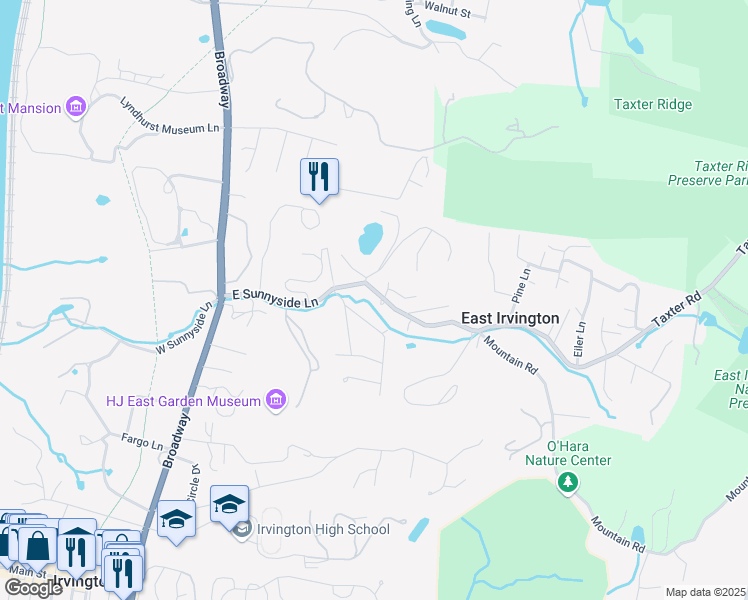 map of restaurants, bars, coffee shops, grocery stores, and more near 92 East Sunnyside Lane in Irvington